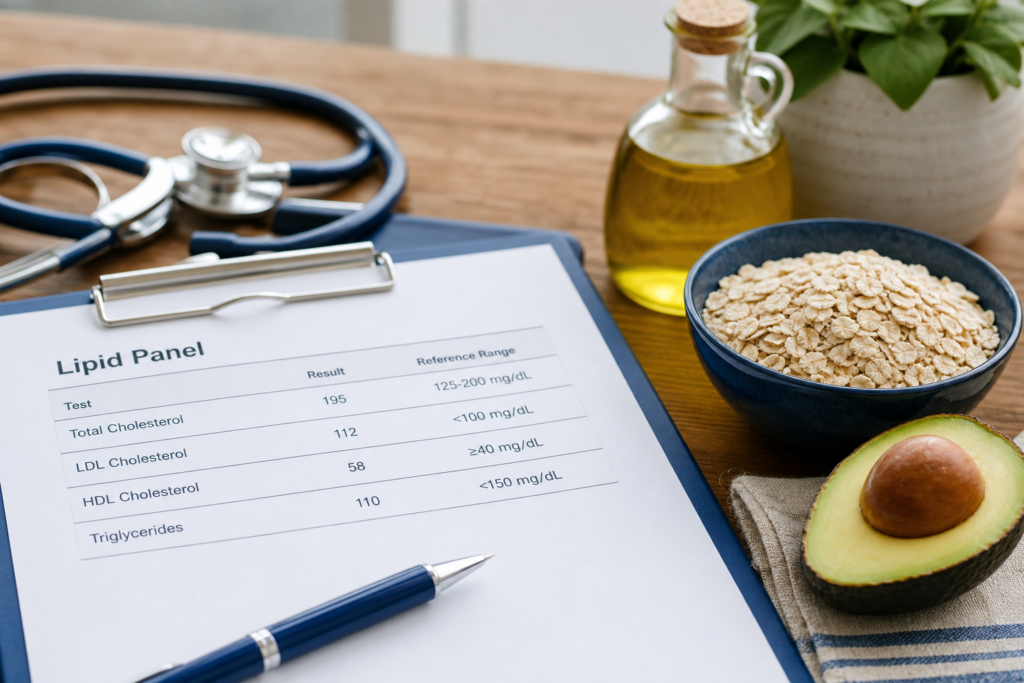 Healthy foods and a cholesterol lab report on a desk, illustrating heart-healthy eating and tracking lipid numbers