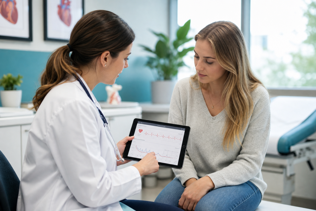 Cardiologist reviewing heart rate and blood pressure during a POTS evaluation