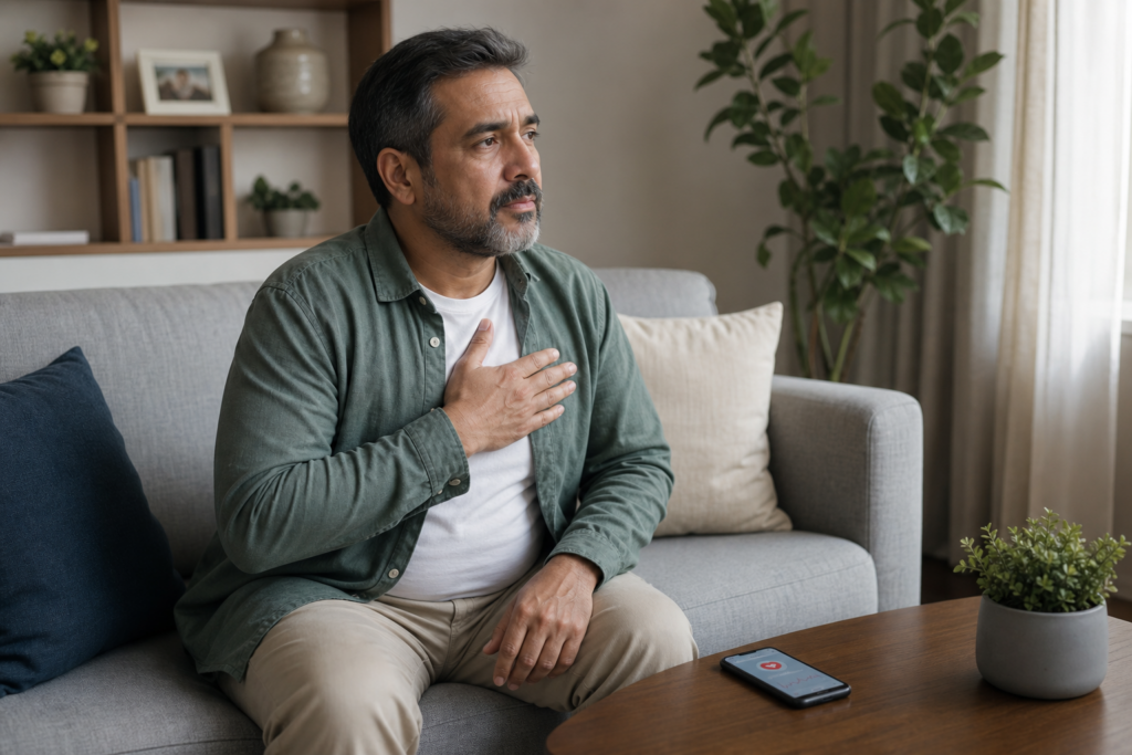Middle-aged man at home with hand on chest considering whether his chest pain is an emergency or a cardiology visit