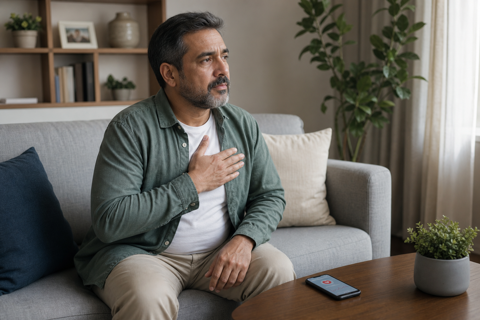 Middle-aged man at home with hand on chest considering whether his chest pain is an emergency or a cardiology visit