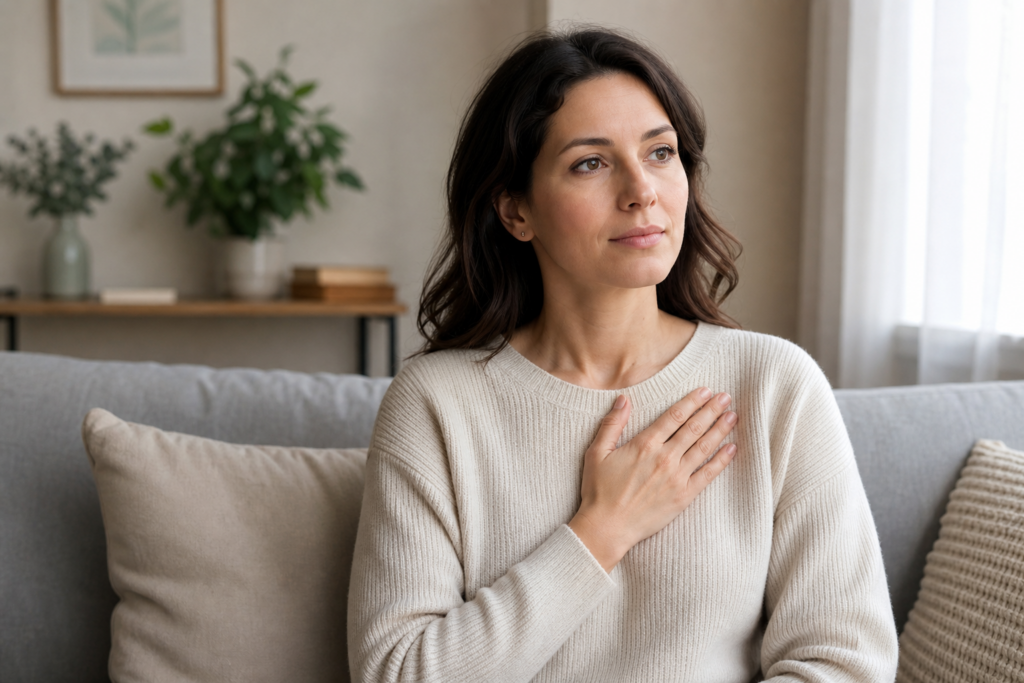 Woman sitting on couch with hand on chest, thoughtful expression, illustrating anxiety and heart palpitations