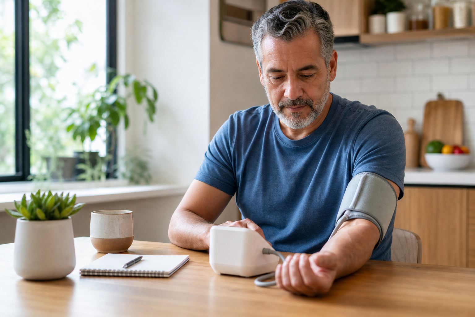 Person using a home blood pressure cuff at a kitchen table with a notebook for logging readings