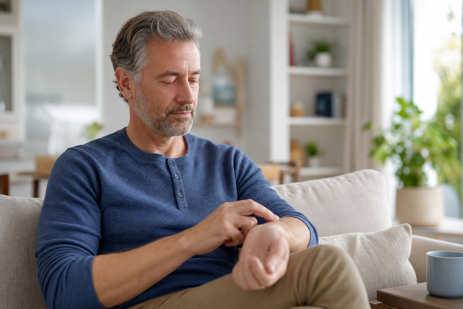 Adult checking resting heart rate on wrist at home in a calm morning setting