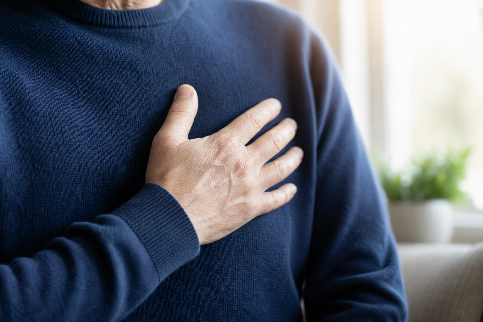 Patient hand over chest illustrating heart flutter and palpitations article