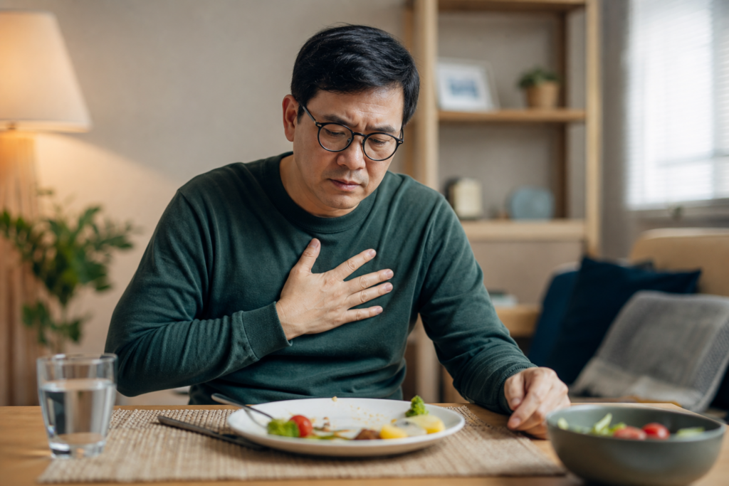 Person at dining table after a meal with hand on chest