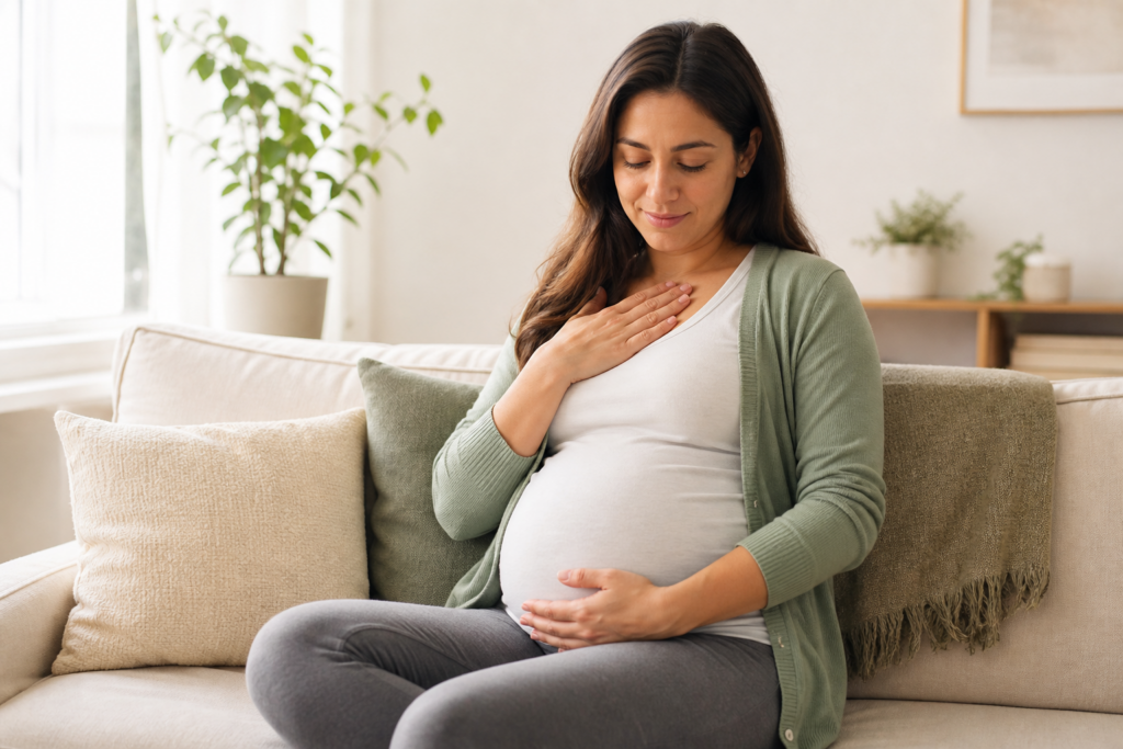 Pregnant woman sitting calmly with one hand on her belly and one on her chest, reflecting on heart palpitations during pregnancy