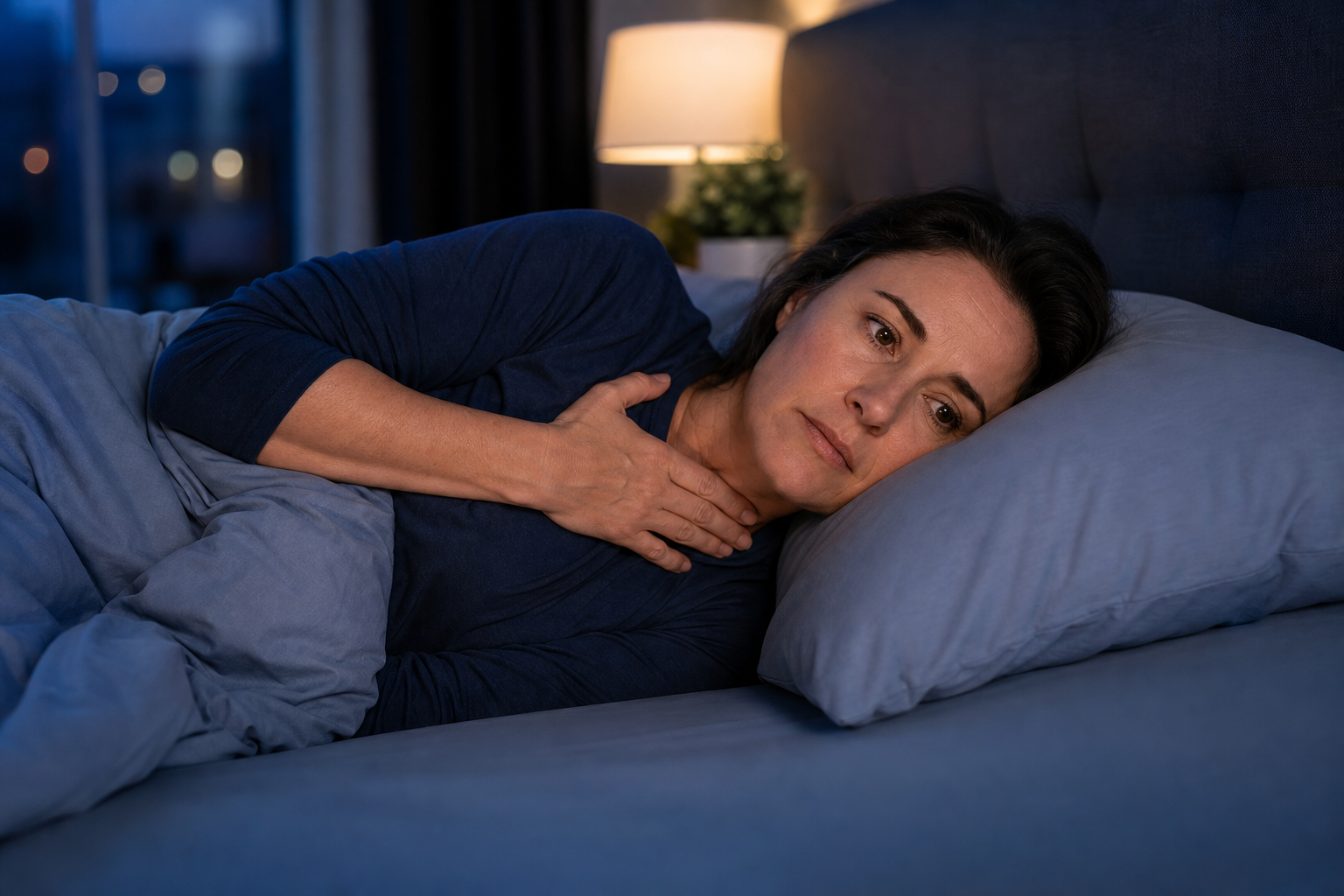 Person lying on left side in bed noticing heartbeat at night