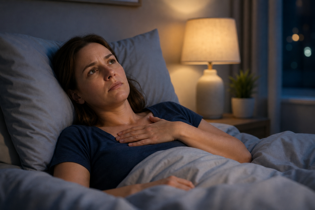 Person lying in bed at night with hand on chest noticing heart pounding