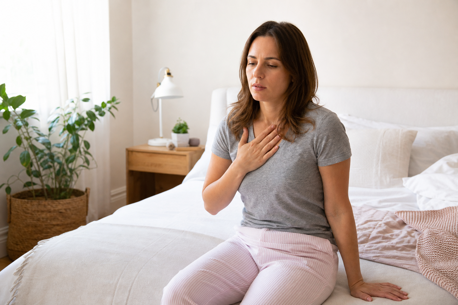 Woman sitting on bed with hand on chest, illustrating dizziness and heart symptoms associated with POTS