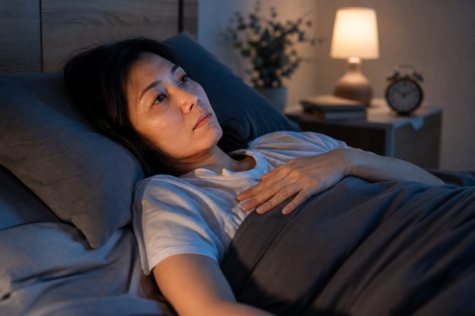 Person awake in bed at night with hand on chest, tired from lack of sleep
