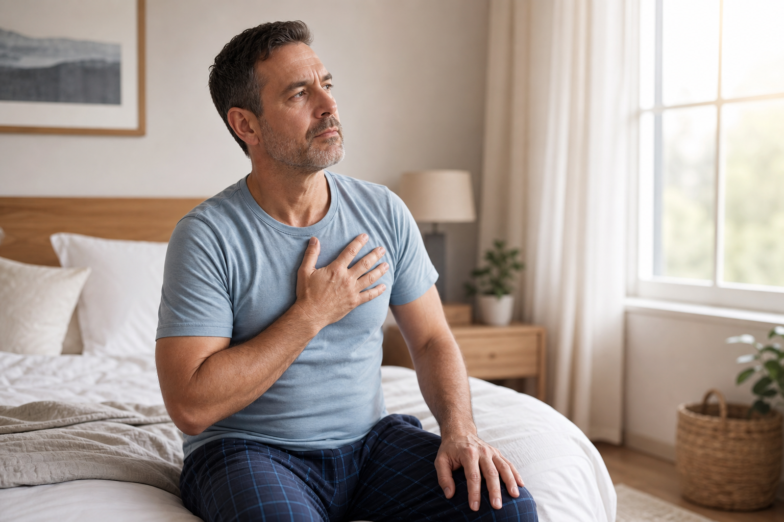 Adult experiencing shortness of breath while sitting on bed, considering heart health symptoms