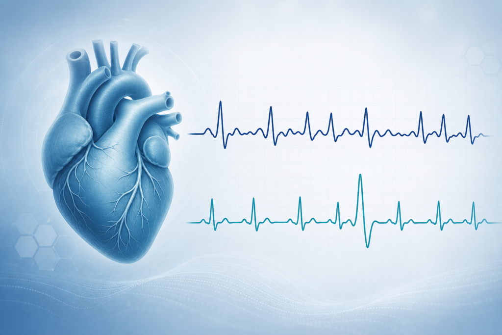 Side-by-side comparison concept of atrial fibrillation versus premature ventricular contractions for a cardiology blog