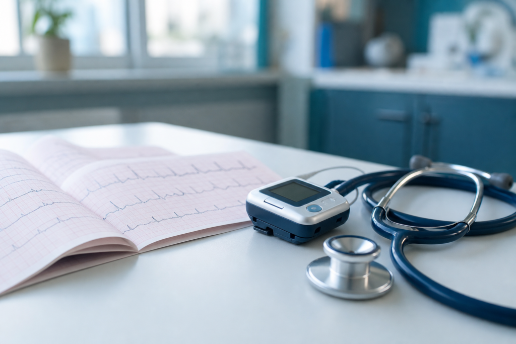 ECG printouts and stethoscope on a clinic desk for chest flutters rhythm evaluation