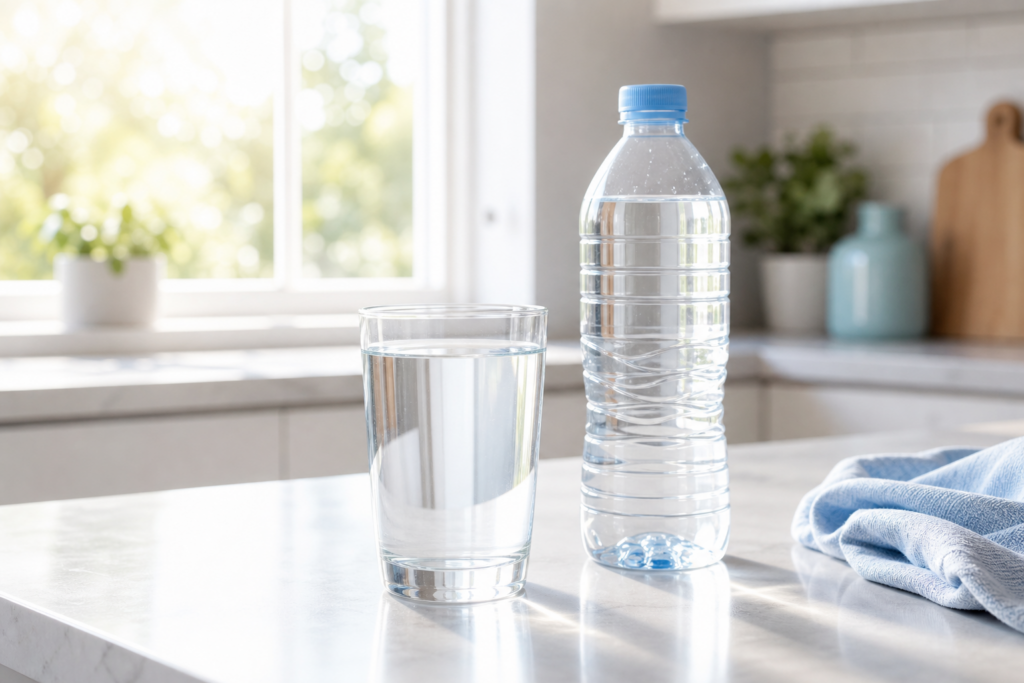 Glass of water and a water bottle on a kitchen counter, illustrating the importance of hydration for preventing palpitations and shortness of breath