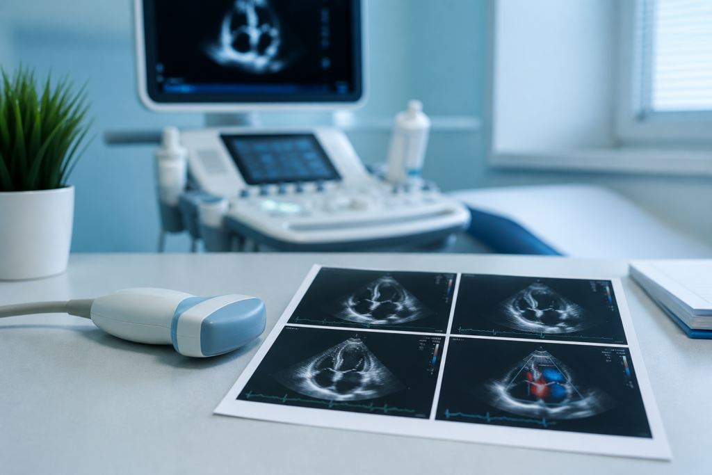 Echocardiogram ultrasound probe and heart ultrasound printout on a clinical desk