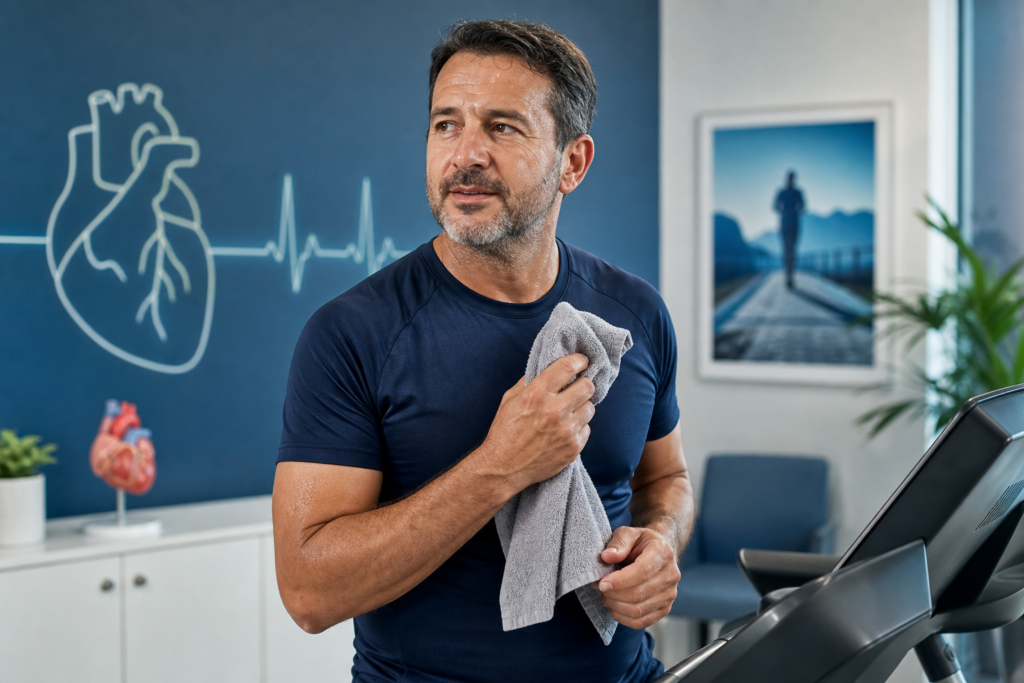 Man pausing during exercise with light sweating in a cardiology setting