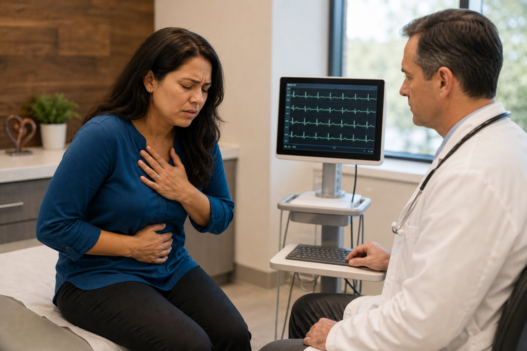 Cardiologist evaluating patient with fast heart rate and nausea symptoms in a clinic