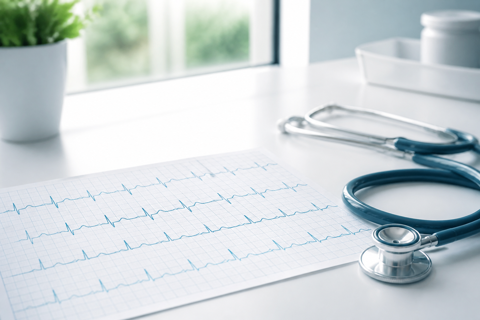 Clinical desk with ECG rhythm strip and stethoscope representing evaluation of right-sided chest fluttering