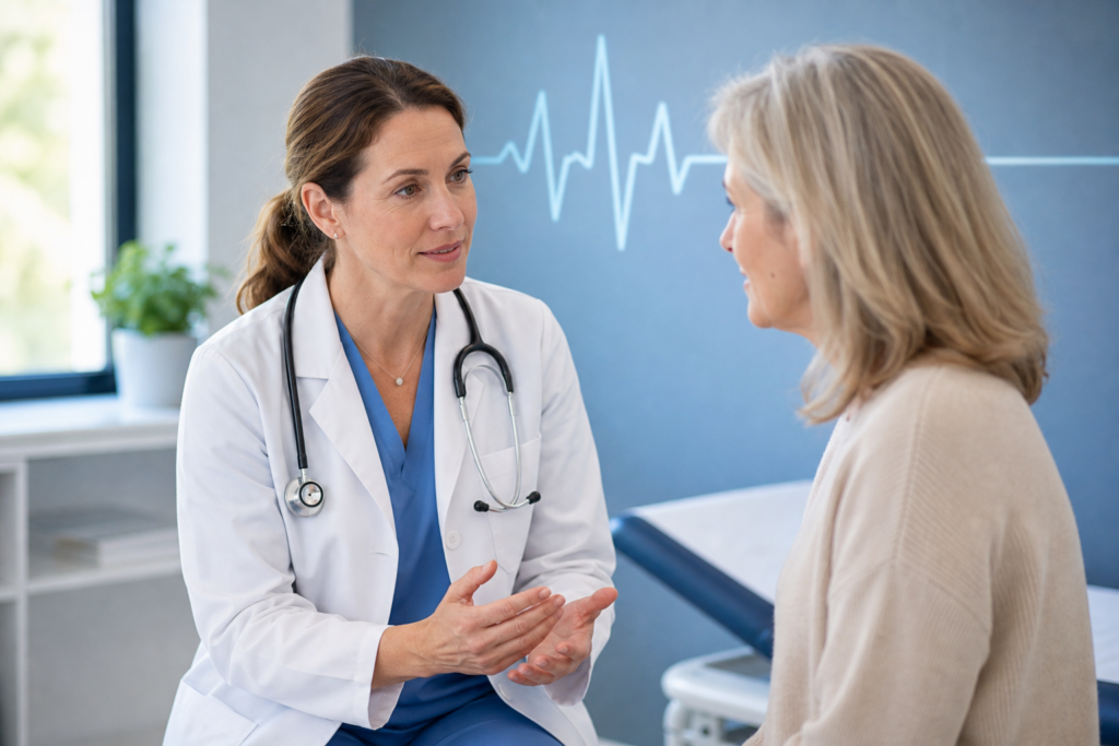 Cardiologist discussing heart palpitations with a woman during menopause in a clinic