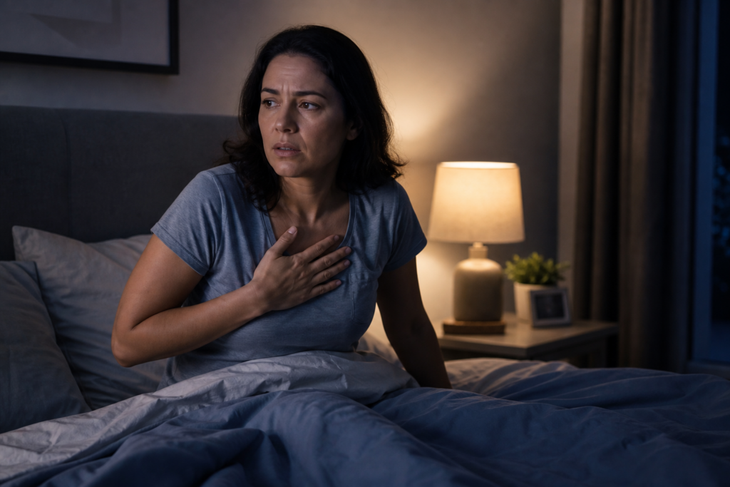 Person sitting up in bed at night with hand on chest after waking with heart palpitations