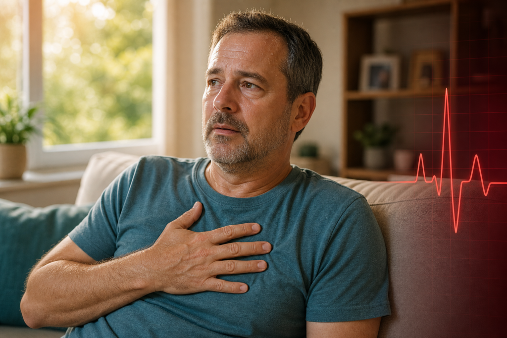 Person resting at home with a hand on the chest, sweating on a hot day, with a heartbeat line representing a high heart rate and sweating while resting