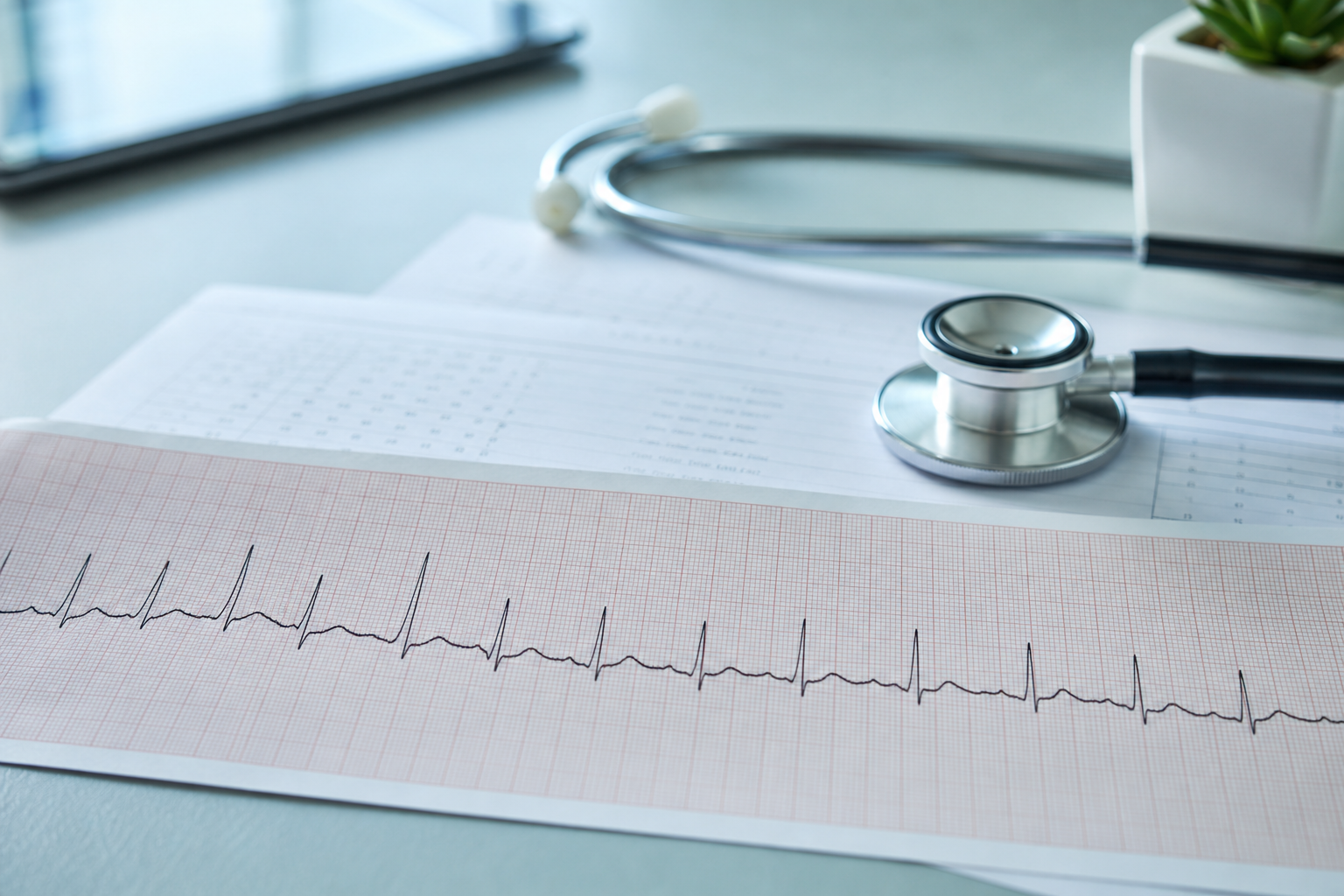 Printed ECG rhythm strip and stethoscope on a clinical desk illustrating sinus tachycardia evaluation
