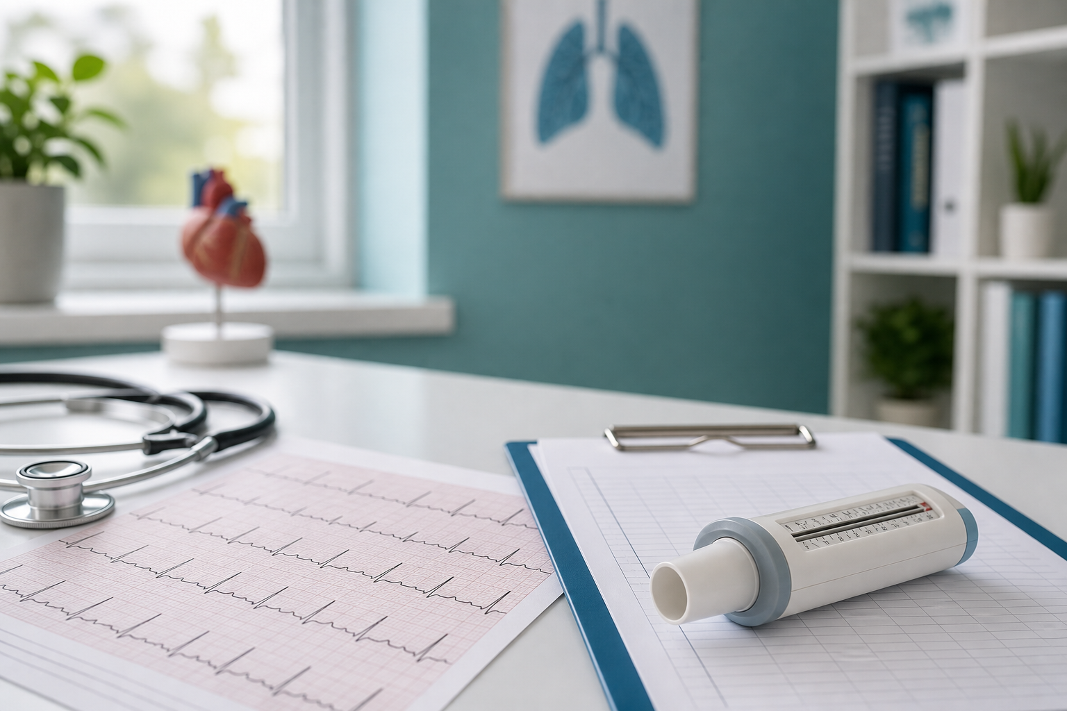 Clinical desk with ECG printout and lung testing tools illustrating shortness of breath heart vs lungs evaluation