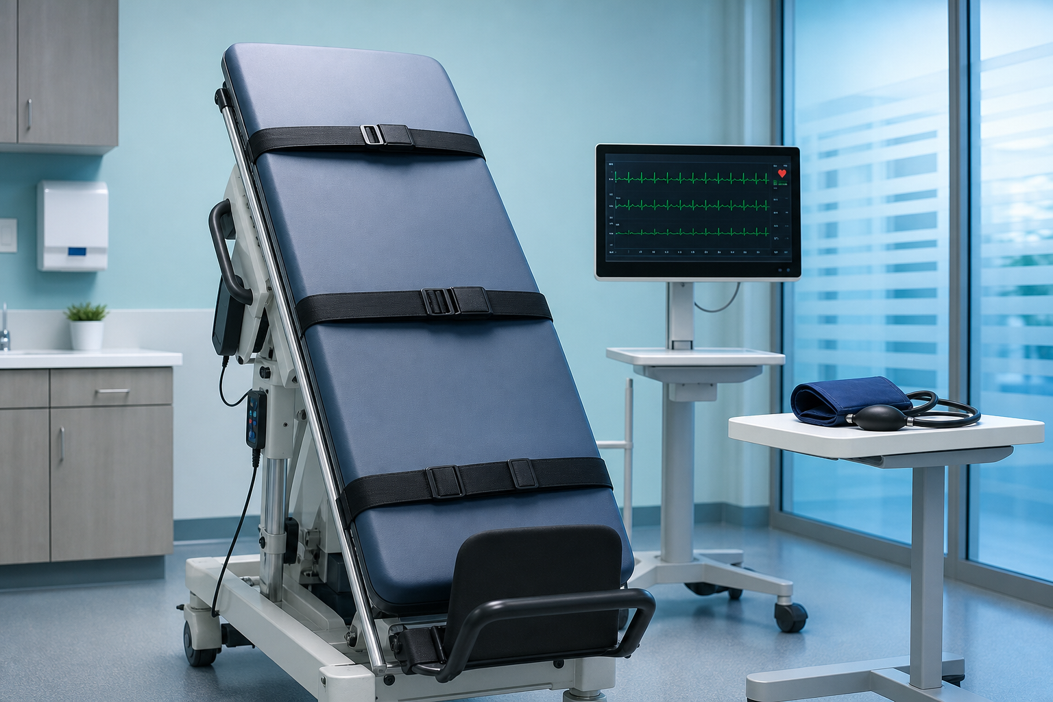 Tilt table testing equipment with ECG monitor and blood pressure cuff in a cardiology clinic exam room