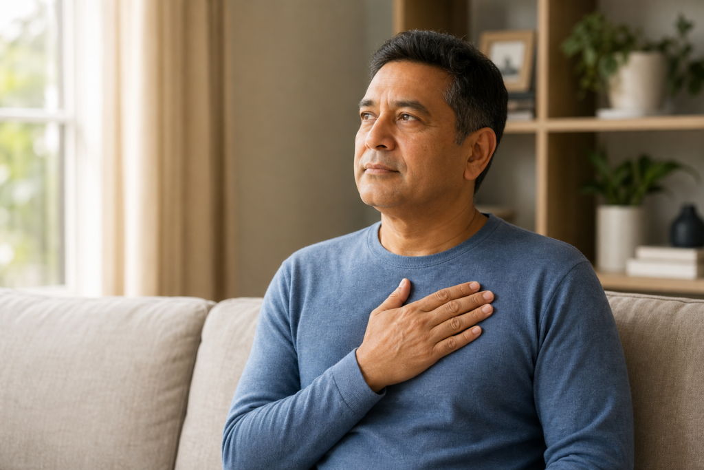 Person with hand on chest in a calm home setting, illustrating fluttering in chest sensation