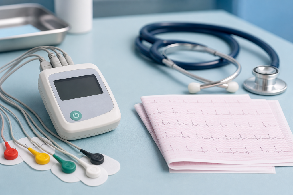 Holter heart monitor recorder with ECG lead wires, electrode pads, an ECG rhythm strip printout, and a stethoscope on a clinical desk