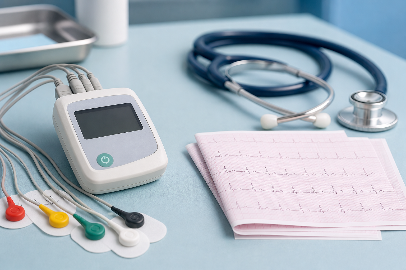Holter heart monitor recorder with ECG lead wires, electrode pads, an ECG rhythm strip printout, and a stethoscope on a clinical desk