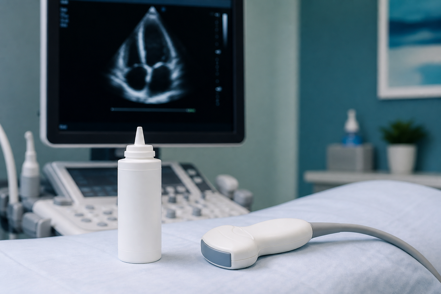 Cardiac ultrasound probe and gel for echocardiogram education