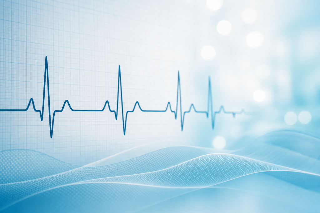 Abstract ECG heart-rhythm waveform on a calm blue clinical background for a heart racing article