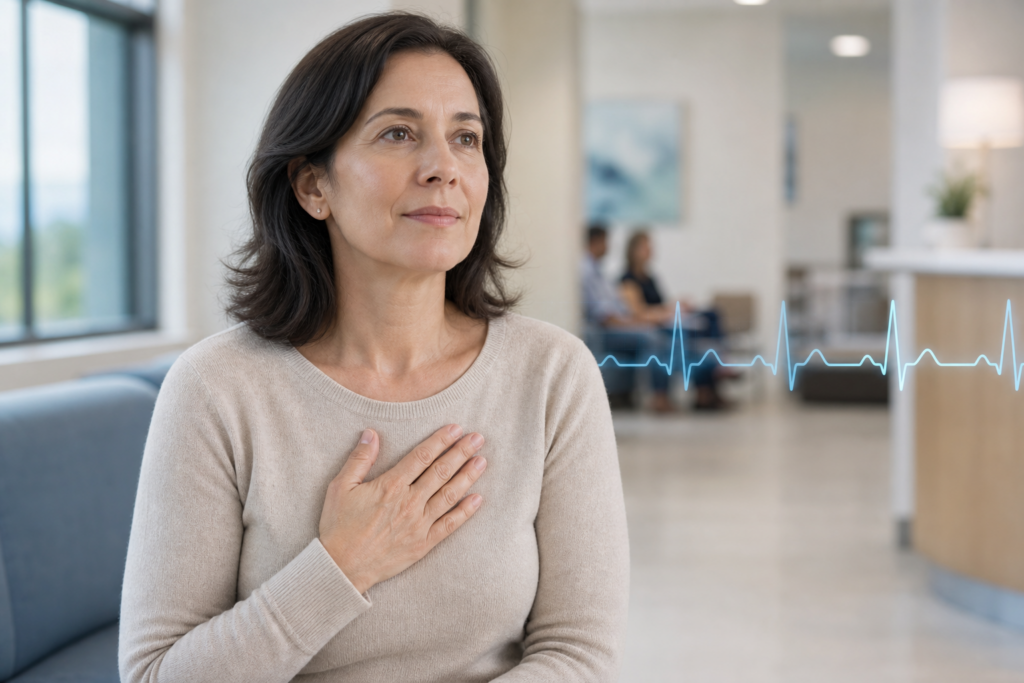 Person with hand on chest in a calm cardiology clinic setting, illustrating when to worry about heart palpitations