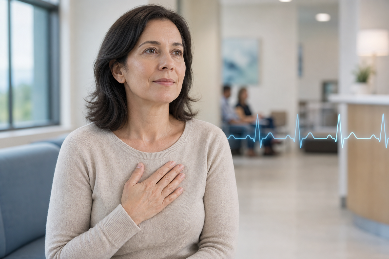 Person with hand on chest in a calm cardiology clinic setting, illustrating when to worry about heart palpitations