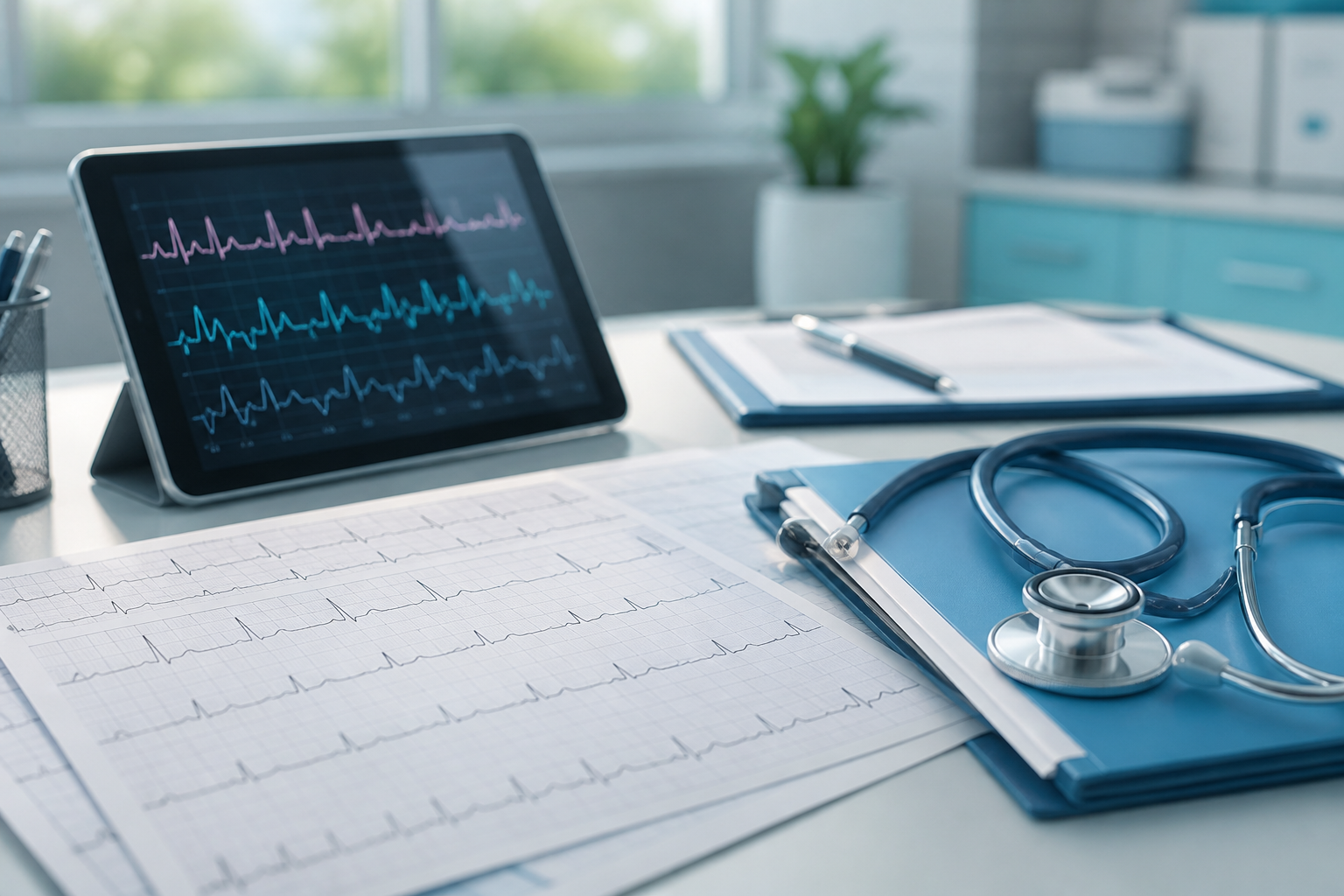 ECG printouts and rhythm monitoring tools on a calm cardiology desk