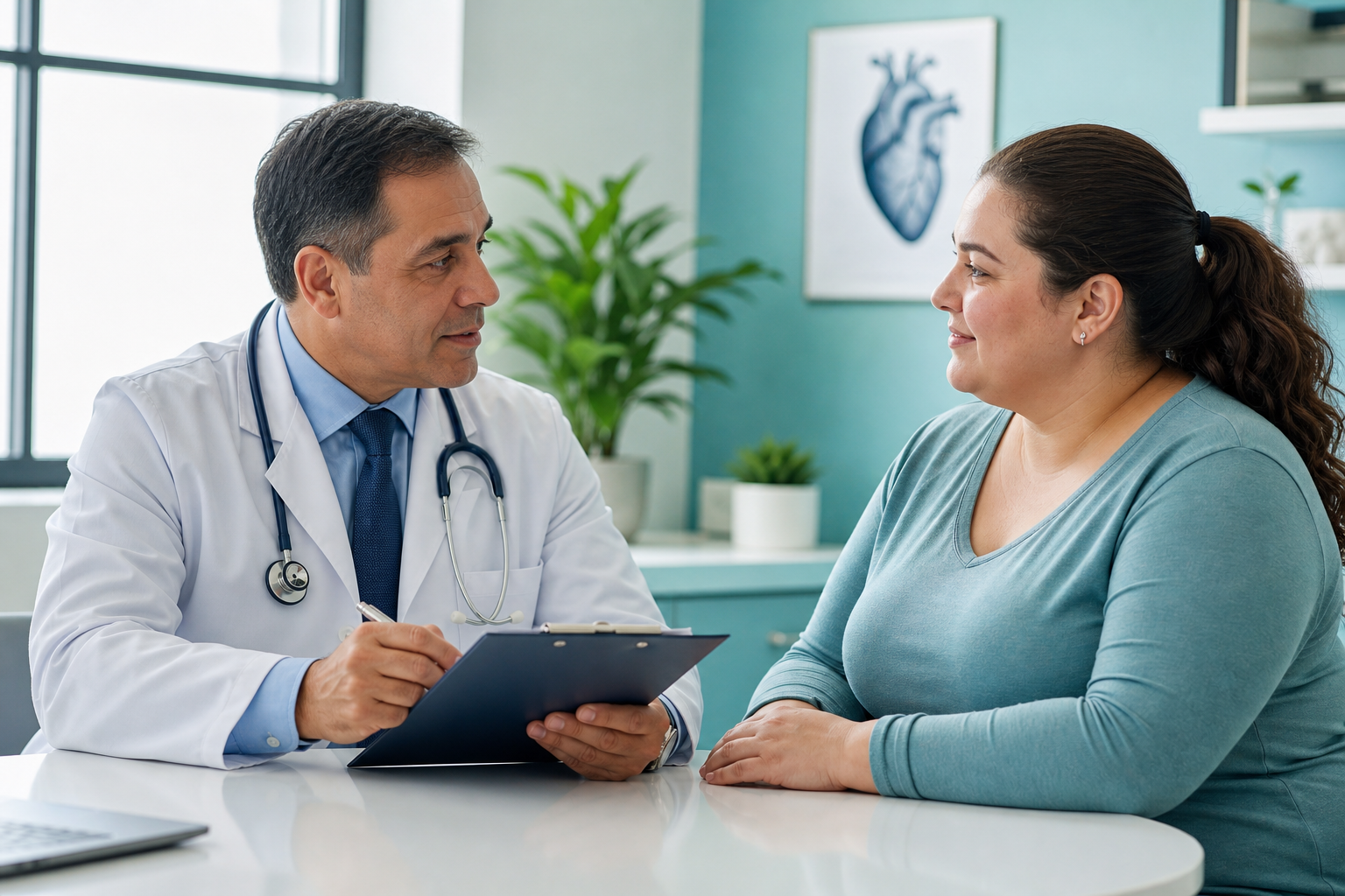 Cardiologist discussing weight-loss medication options with a patient in a calm clinic visit