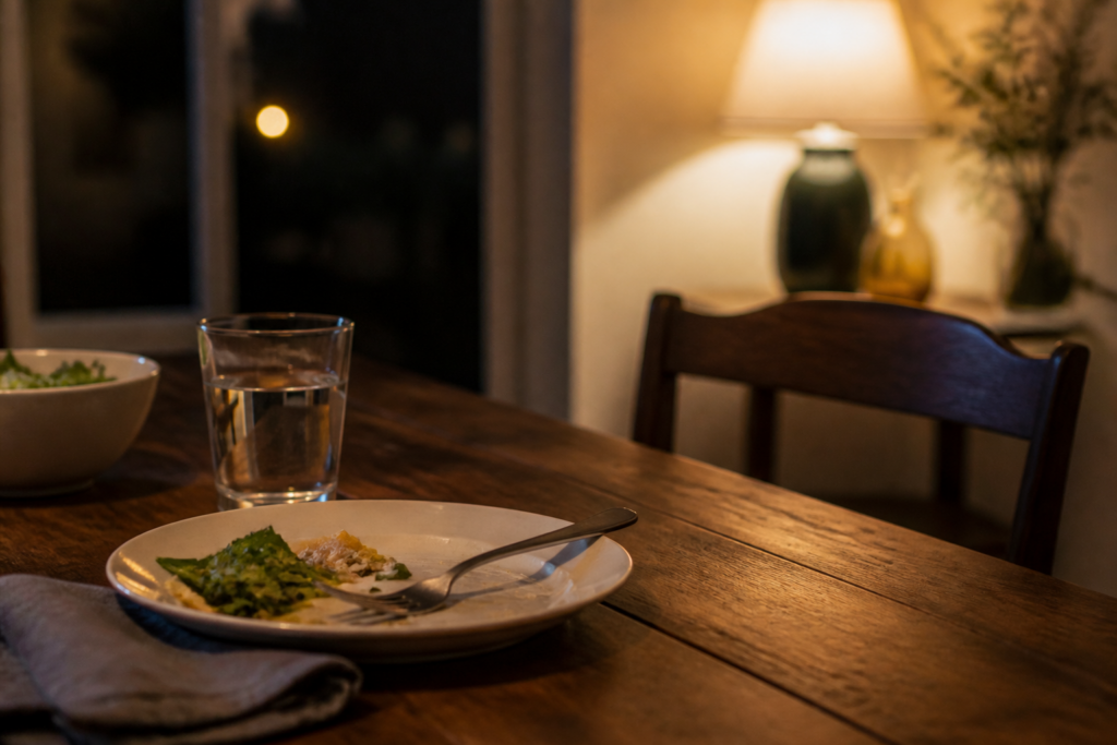 Evening meal table with a glass of water, illustrating GERD and palpitations after eating