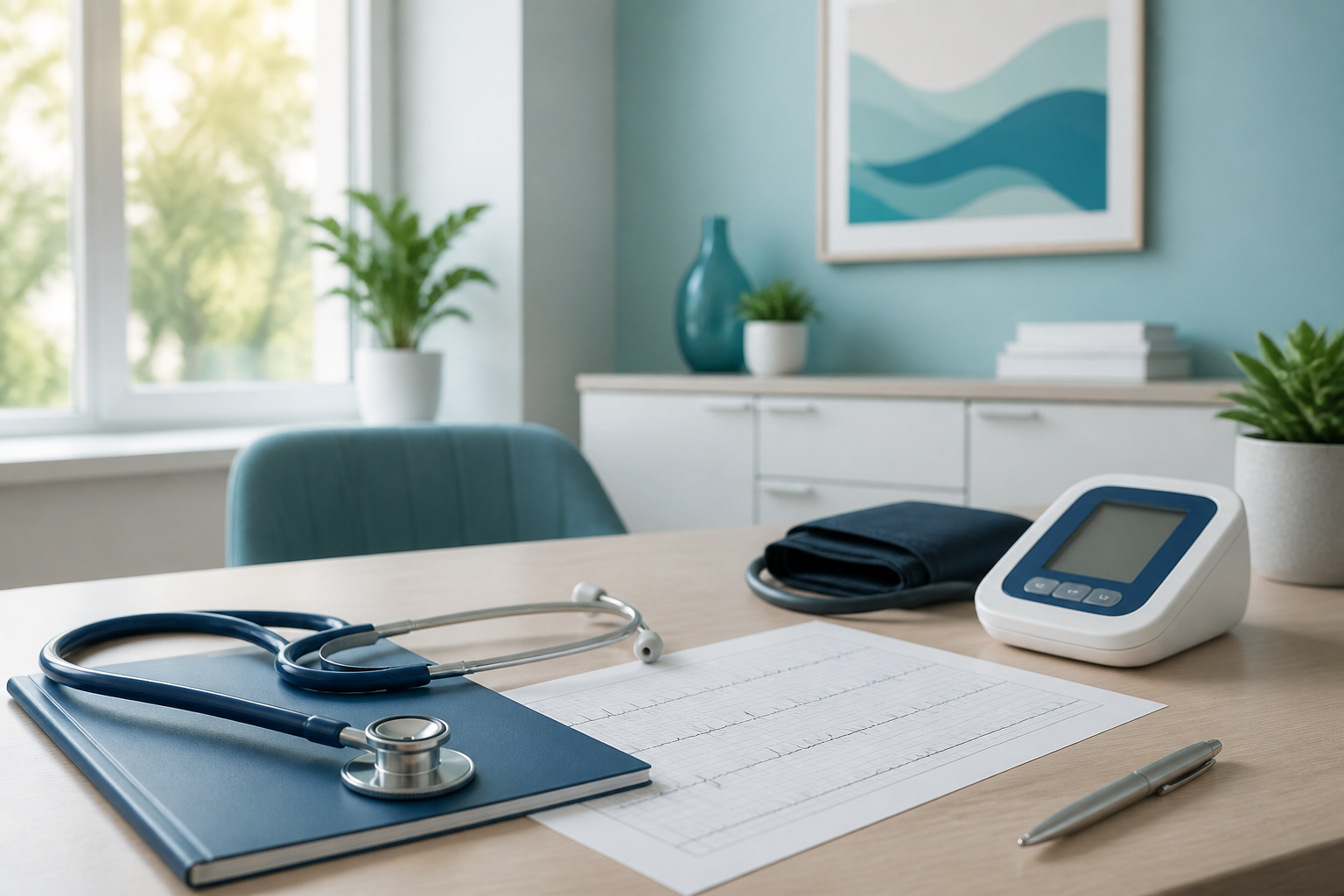 Cardiology consultation desk with blood pressure monitor for Allen Texas cardiologist guide