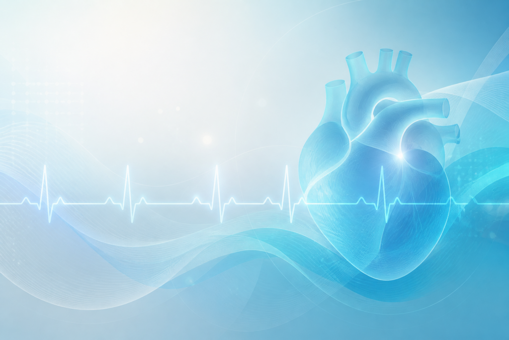 Abstract teal ECG waveform motif for a chest fluttering cardiology article