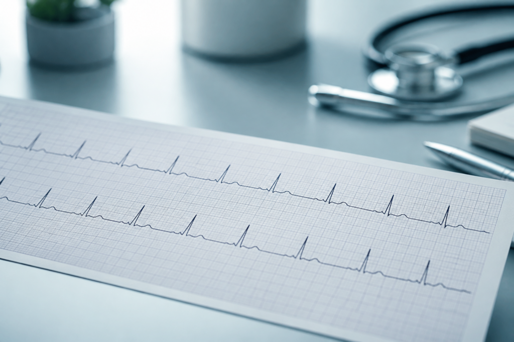 Printed ECG strip on a clinical desk representing EKG testing in a POTS workup