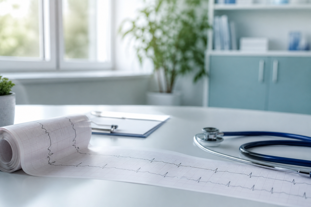 ECG printout and stethoscope on a clinic desk for left-side chest fluttering evaluation