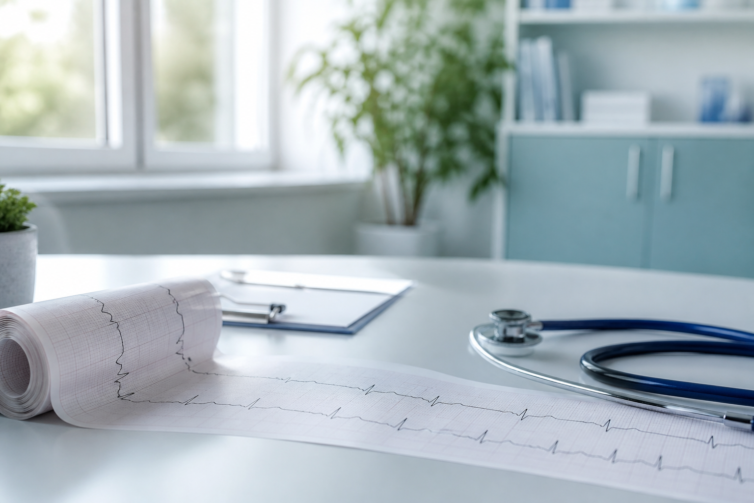 ECG printout and stethoscope on a clinic desk for left-side chest fluttering evaluation