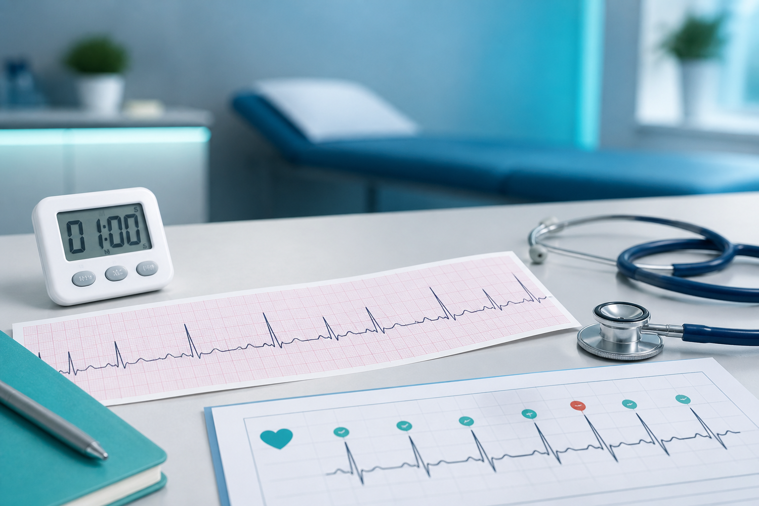 ECG strip with occasional premature beats and a stethoscope on a cardiology desk