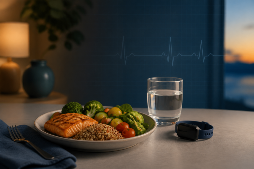 Balanced meal, water, and wearable heart rhythm monitor for understanding palpitations after eating