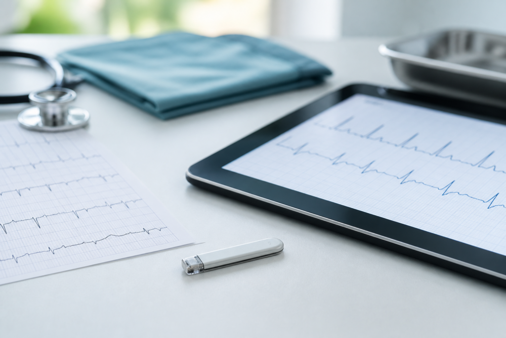 Implantable loop recorder and ECG rhythm strip on a clinical desk