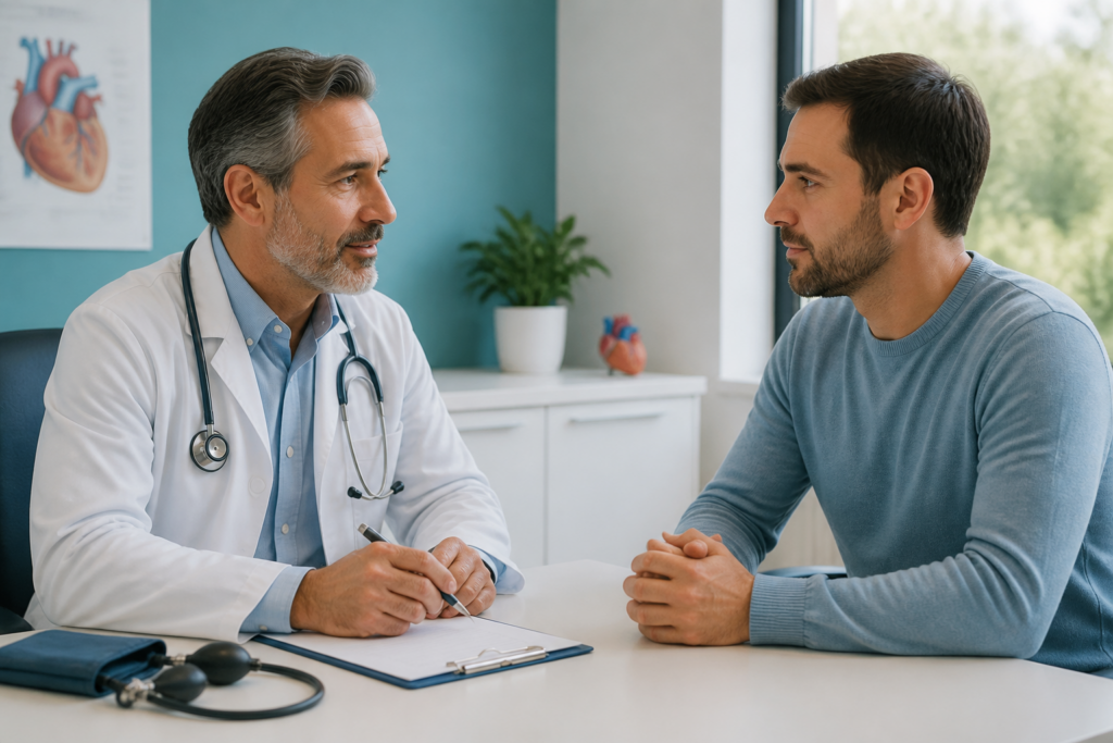 Cardiologist talking with a patient about a weak heart sensation in a calm clinic