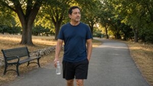 Adult pausing a walk with a water bottle on a shaded North Texas path, cool-down after heat without clutching the chest