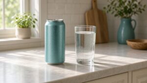 Unlabeled energy drink can beside a glass of water on a sunlit kitchen counter