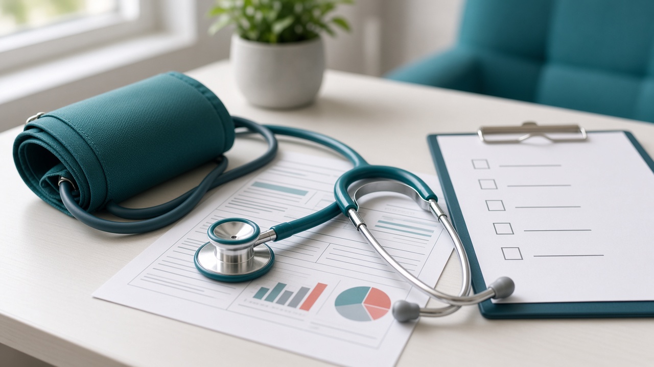 Blood pressure cuff, stethoscope, and cardiac risk checklist on a clinic desk